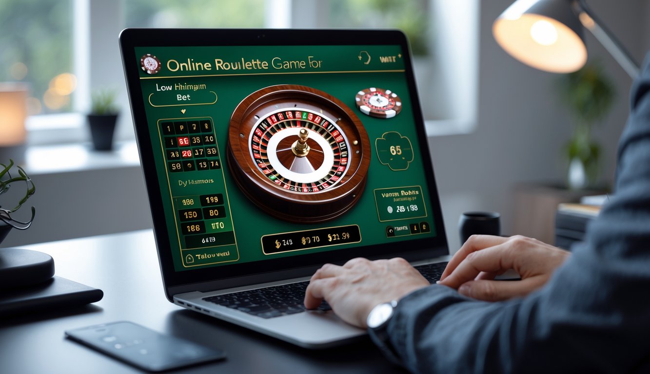 Seseorang menggunakan komputer dengan tampilan permainan roulette online yang menampilkan taruhan minimal rendah di lingkungan rumah yang rapi.