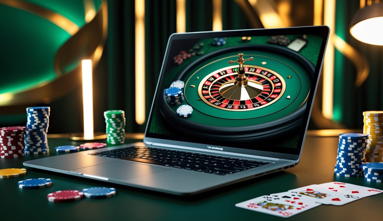 Sebuah laptop modern menampilkan roda roulette online dengan chip poker dan kartu di sekitarnya dalam ruangan yang elegan dan terang.