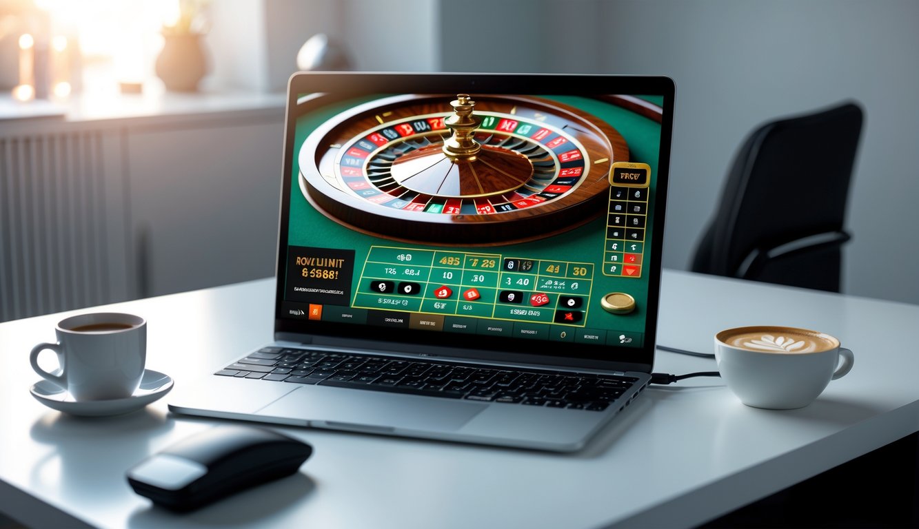 Sebuah layar komputer menampilkan permainan roulette online dengan roda roulette digital yang berwarna-warni di atas meja kerja yang rapi dan terang.