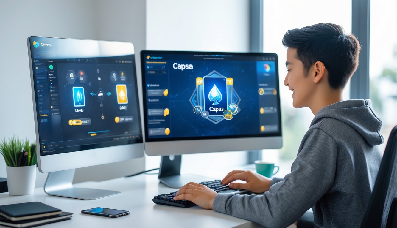 Seorang pemuda duduk di meja kerja modern dengan komputer yang menampilkan permainan kartu digital, terlihat fokus dan tersenyum saat belajar bermain Capsa online.