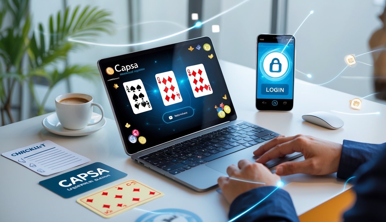 Seseorang menggunakan laptop dengan tampilan permainan kartu Capsa online, dikelilingi oleh smartphone dan alat tulis di meja yang rapi.