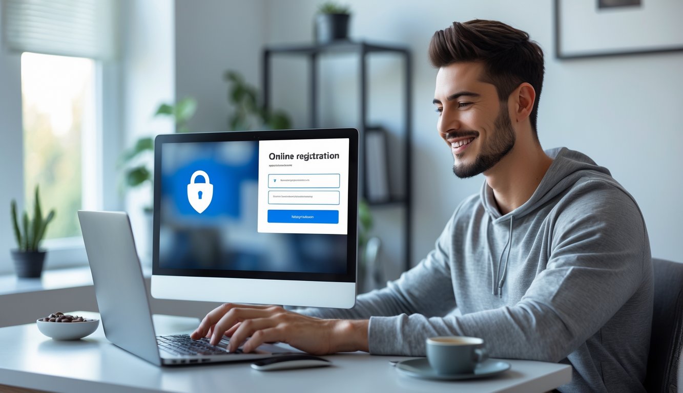 Seorang pria muda duduk di meja dengan laptop, tersenyum saat melakukan pendaftaran online di ruangan yang terang dan rapi.