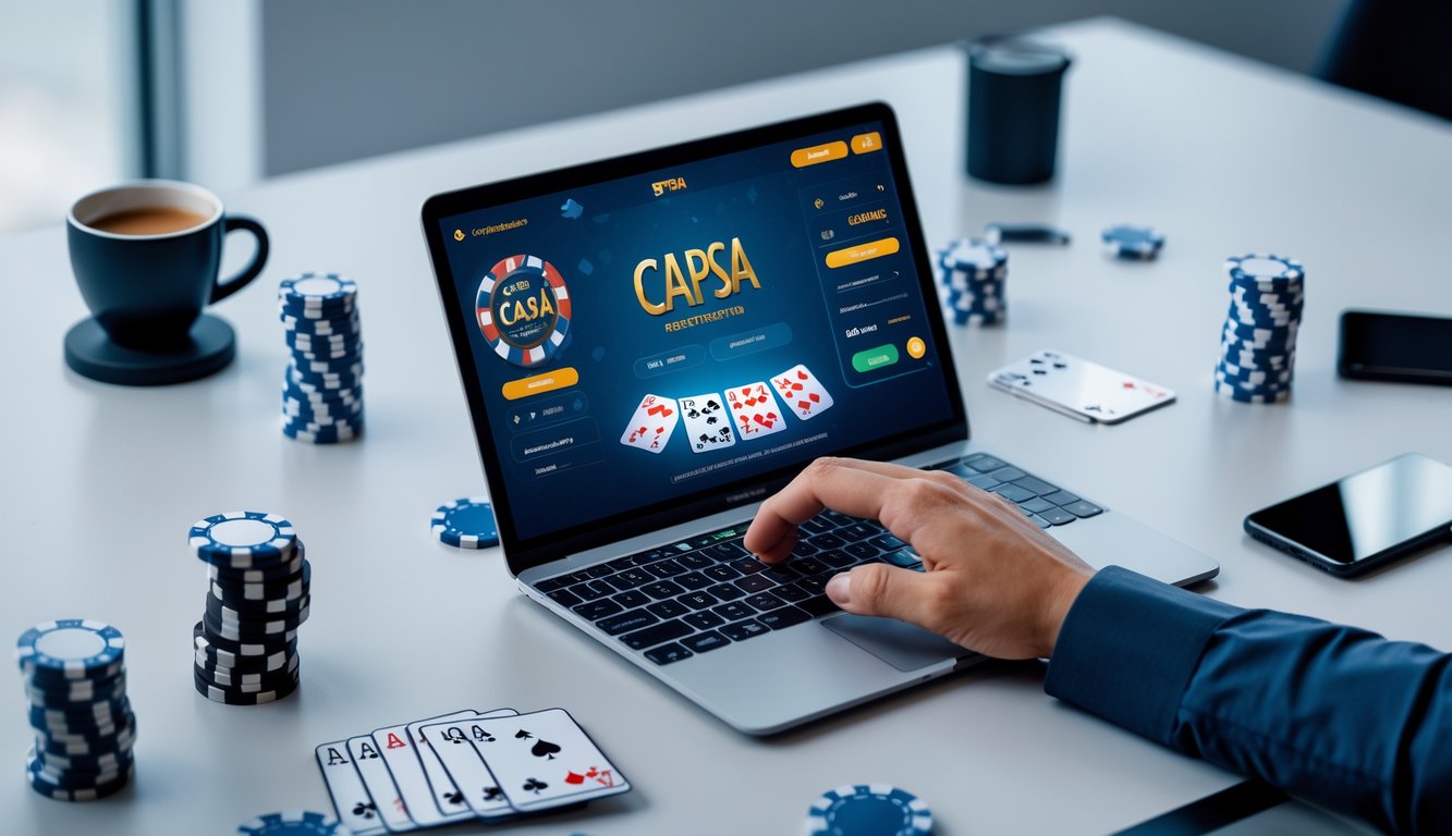 Seseorang menggunakan laptop dengan kartu remi dan chip poker di meja untuk mendaftar judi Capsa online.