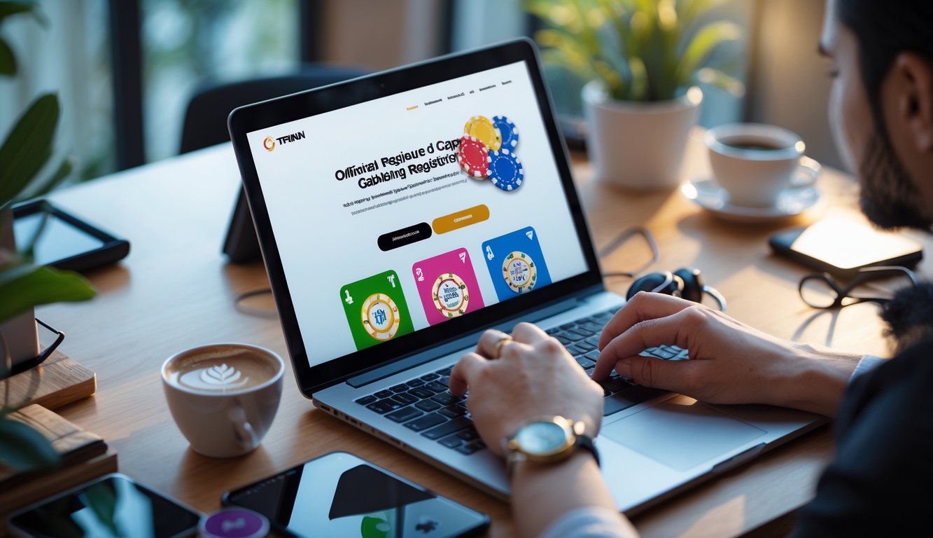 Seseorang menggunakan laptop di meja kerja dengan kartu dan chip digital yang terlihat di layar, menunjukkan pendaftaran judi Capsa online resmi.