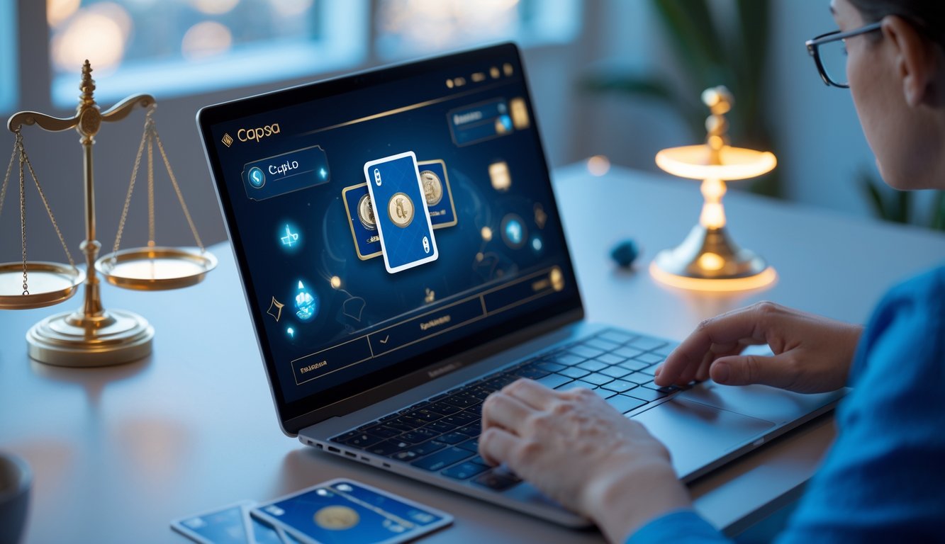 Seorang pemain sedang bermain Capsa online di depan laptop di ruang kerja modern dengan pencahayaan terang.