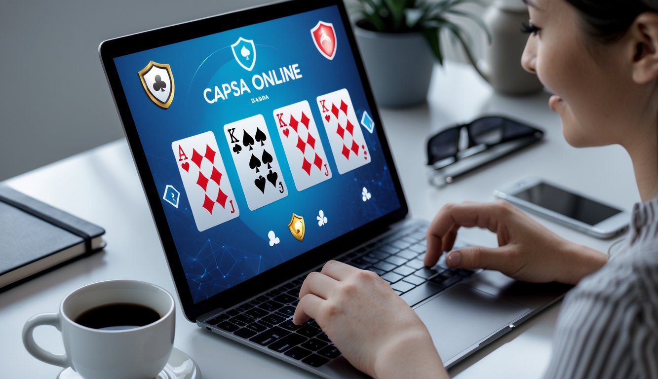 Seseorang menggunakan laptop untuk bermain game kartu Capsa Online dengan tampilan kartu di layar dan suasana meja kerja yang rapi.