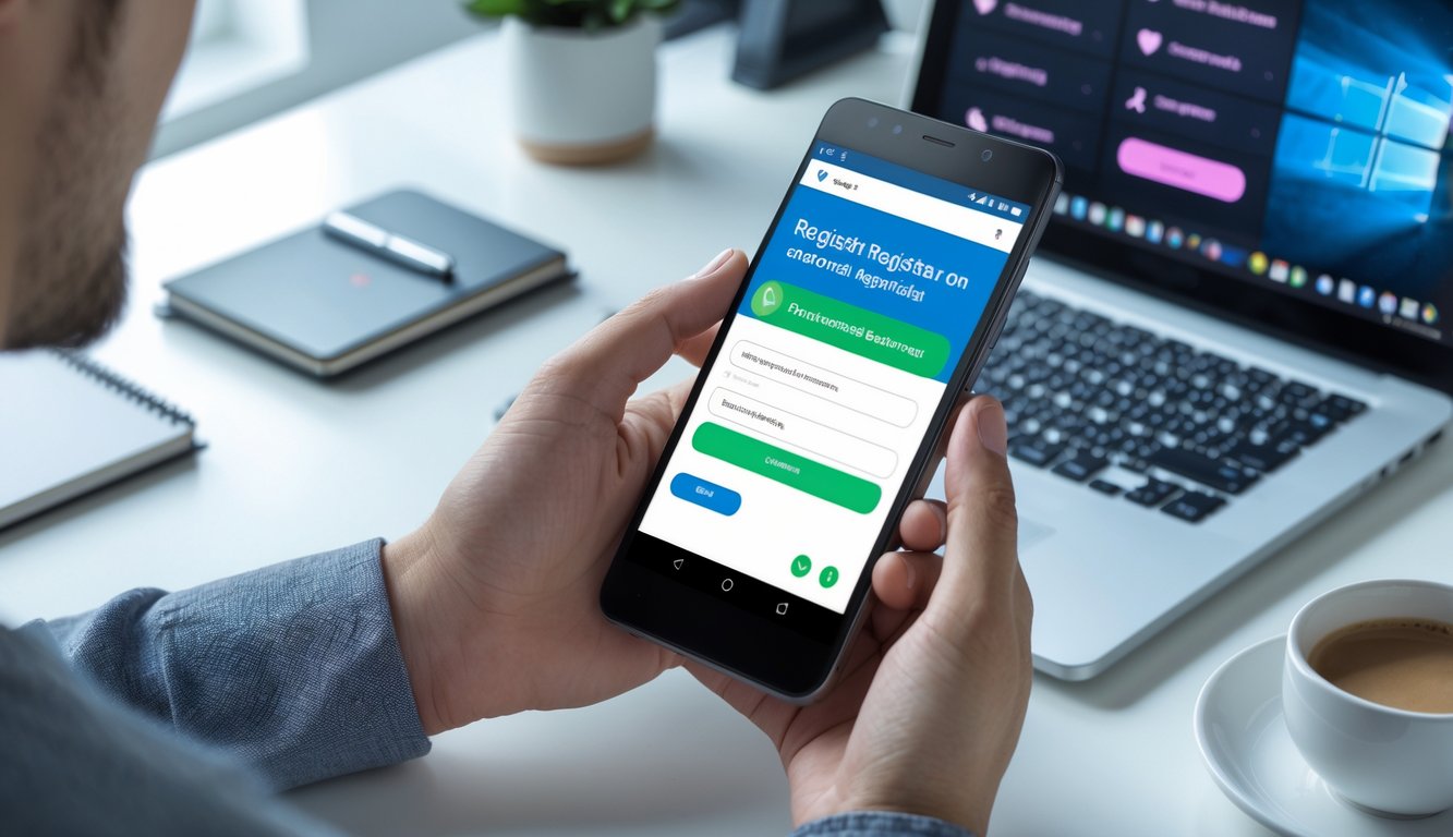 Seseorang menggunakan ponsel Android di meja kerja untuk mendaftar di platform judi online resmi.