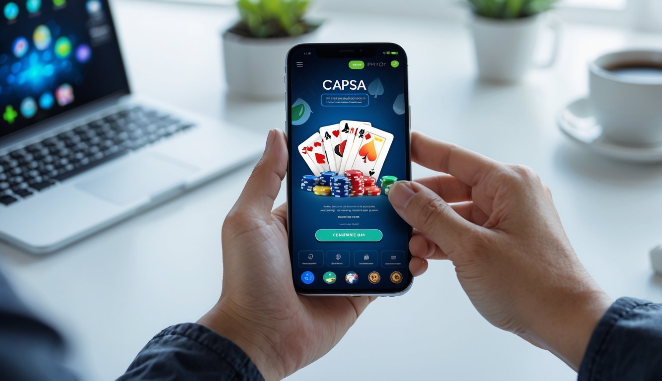 Tangan memegang ponsel yang menampilkan permainan kartu Capsa online dengan latar belakang meja kerja yang rapi.