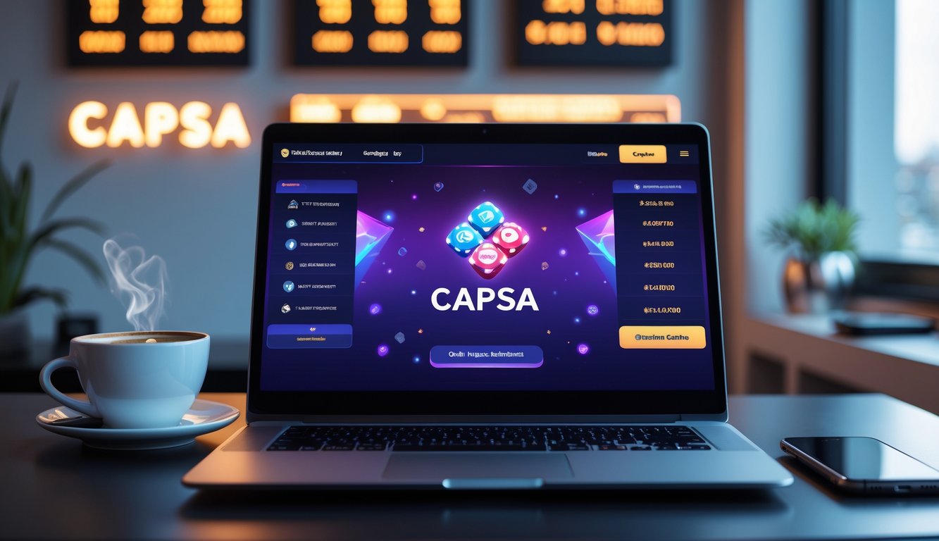 Seorang pengguna sedang bermain Capsa online di komputer dengan suasana ruang kerja yang rapi dan pencahayaan terang.