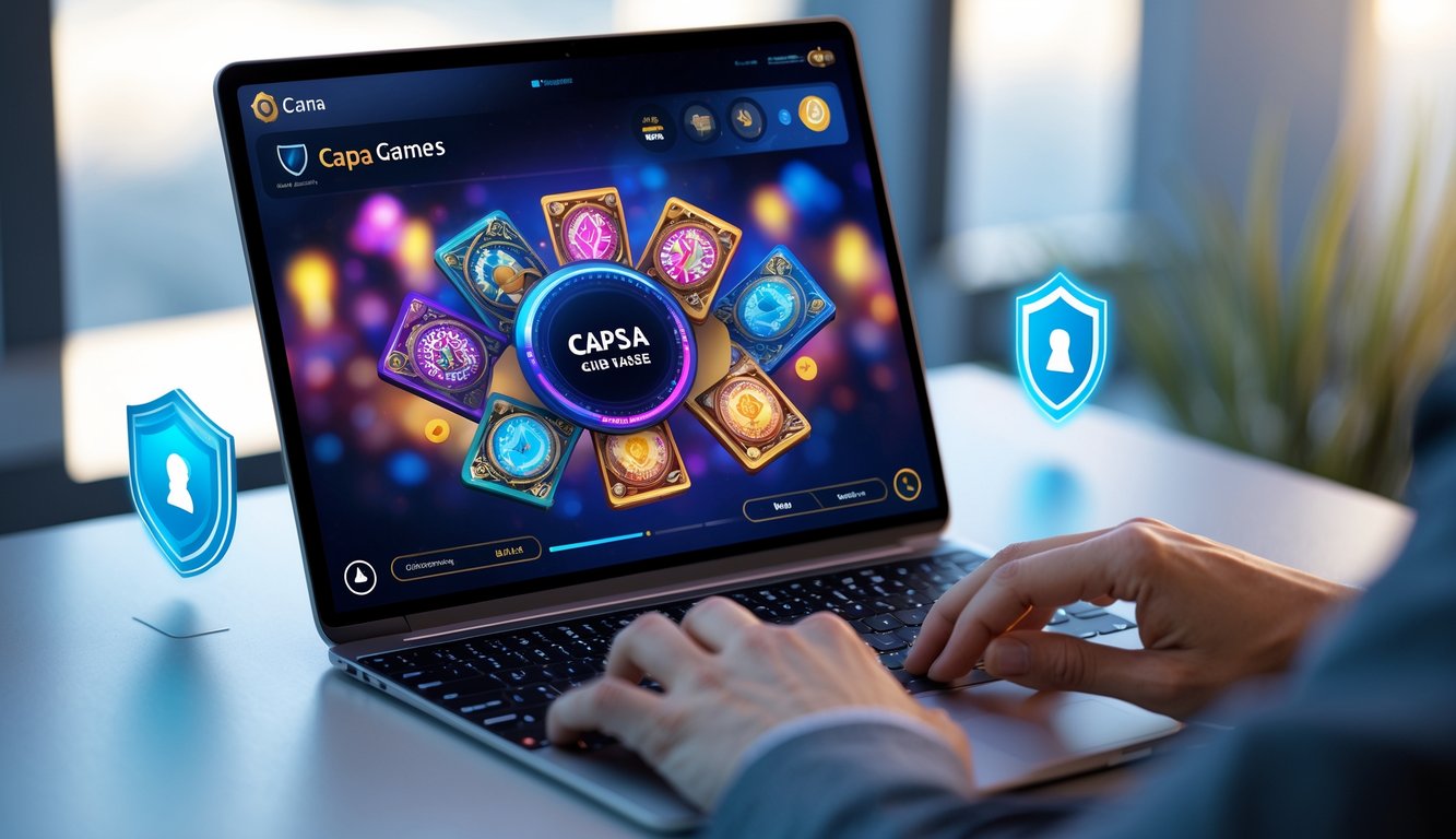 Seseorang menggunakan laptop untuk bermain judi Capsa online dengan tampilan permainan kartu di layar.