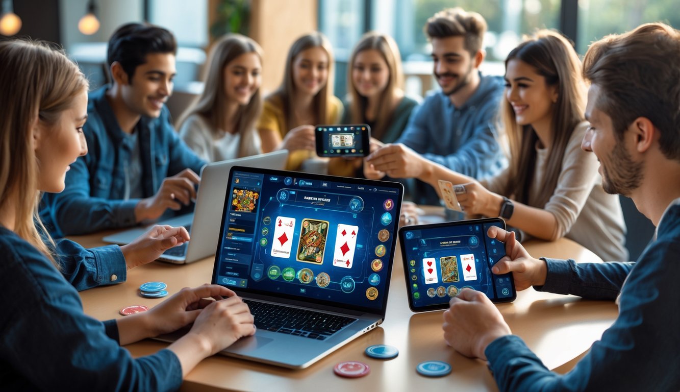 Beberapa orang muda sedang bermain permainan kartu online menggunakan laptop dan ponsel di sebuah ruangan yang nyaman.