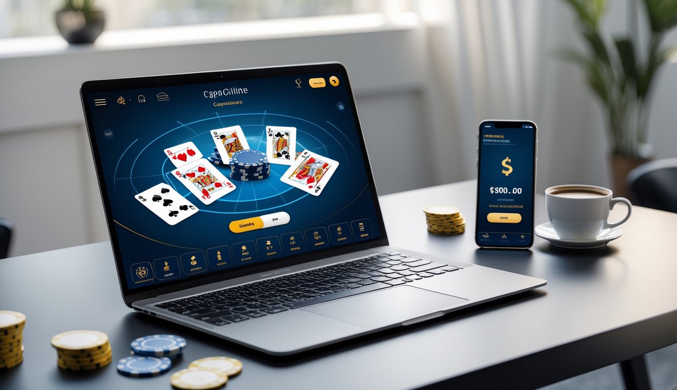 Seorang pria menggunakan laptop dengan permainan kartu Capsa Online di layar, di meja terdapat chip judi dan ponsel dengan notifikasi bonus, suasana tenang dan profesional.