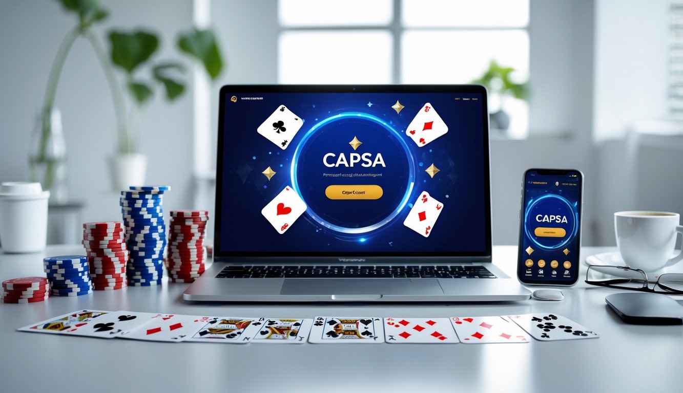 Sebuah meja dengan komputer dan kartu remi yang menampilkan permainan Capsa online, dikelilingi chip poker dan ponsel di lingkungan yang rapi dan terang.