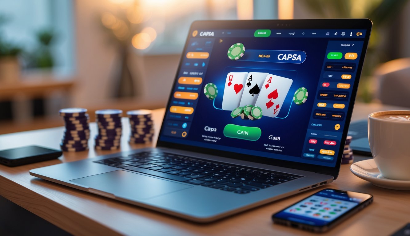 Seorang pemain menggunakan laptop untuk bermain judi Capsa online dengan tumpukan chip dan ponsel di meja.