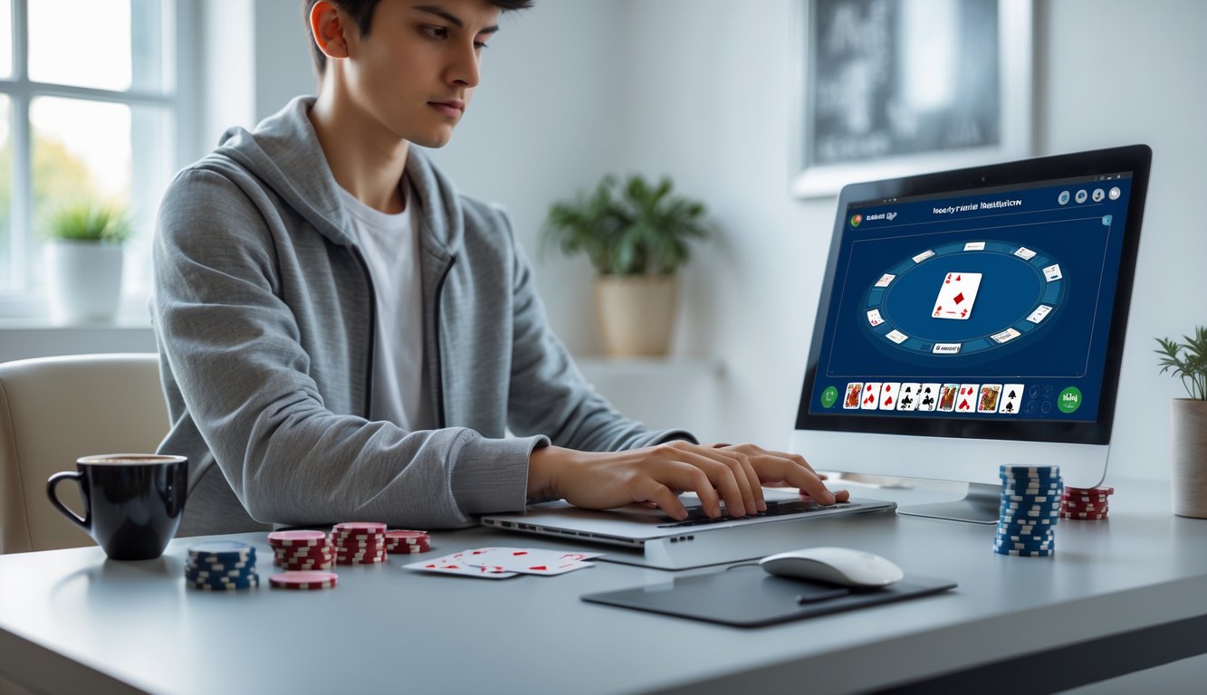 Seseorang duduk di meja kerja menggunakan laptop dengan tampilan permainan kartu digital di layar, di ruangan yang rapi dan terang.