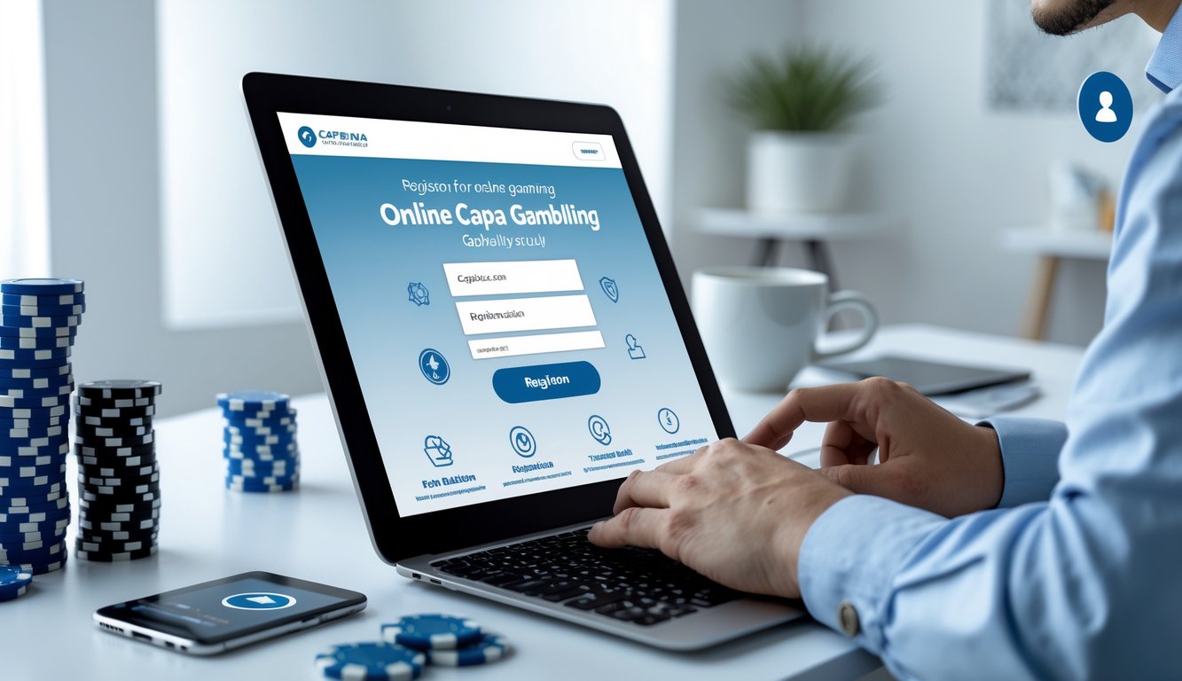 Seseorang menggunakan laptop di meja kerja modern dengan kartu remi dan chip poker di sekitarnya.