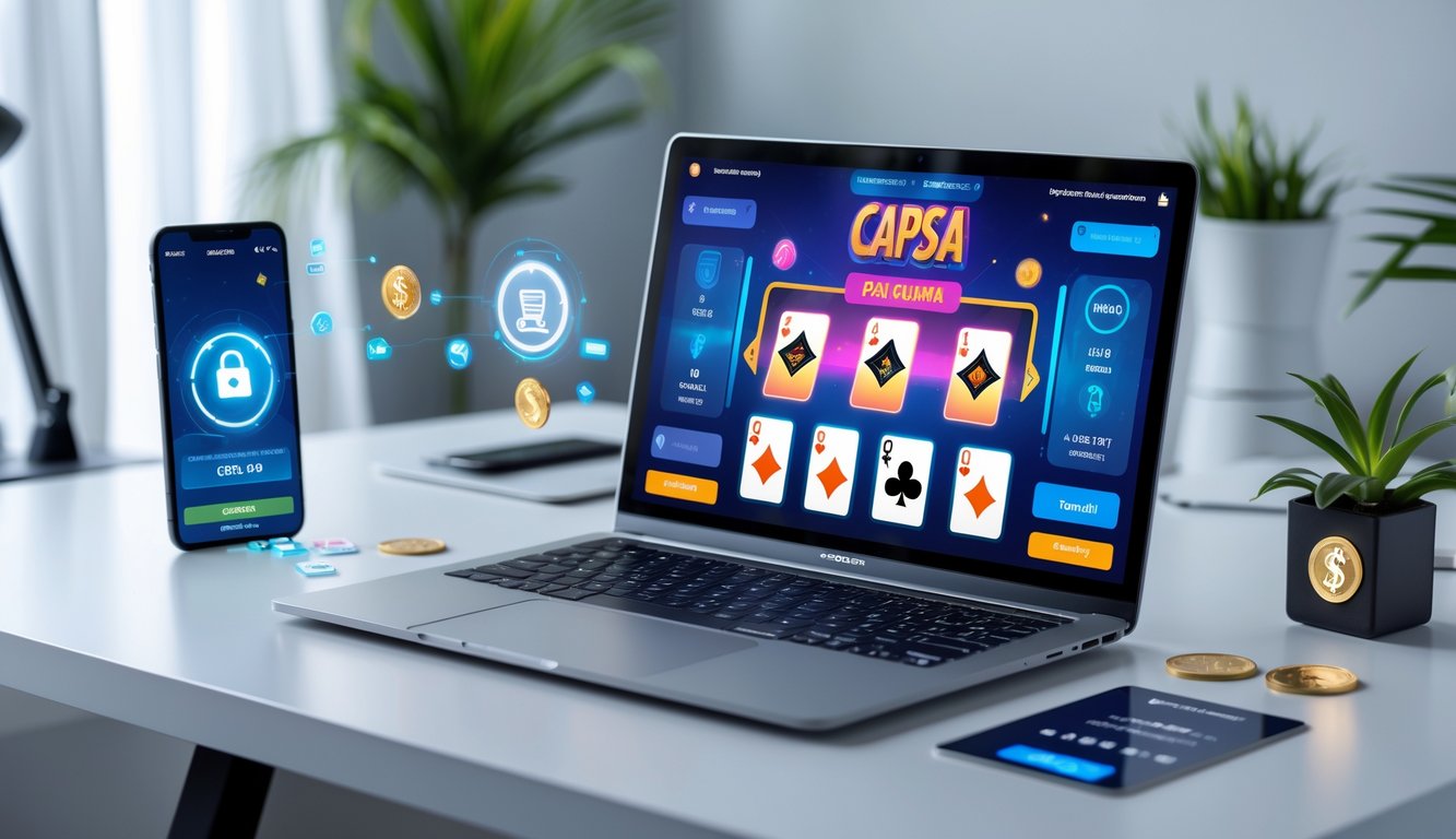 Seorang pengguna sedang bermain permainan Capsa online di komputer dengan tampilan transaksi cepat di layar, di meja kerja yang rapi dan terang.