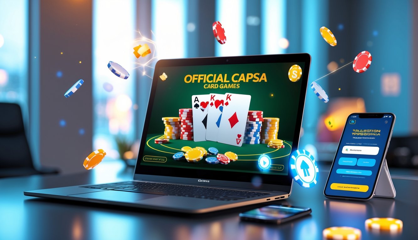 Seseorang menggunakan komputer dengan tampilan permainan kartu Capsa online dan ikon pembayaran digital di meja kerja yang bersih.