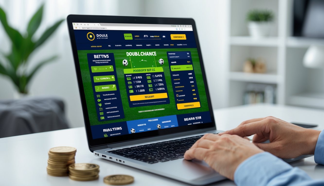 Seseorang menggunakan laptop dengan tampilan situs taruhan olahraga online yang menampilkan opsi taruhan ganda, di meja kerja yang rapi dan terang.