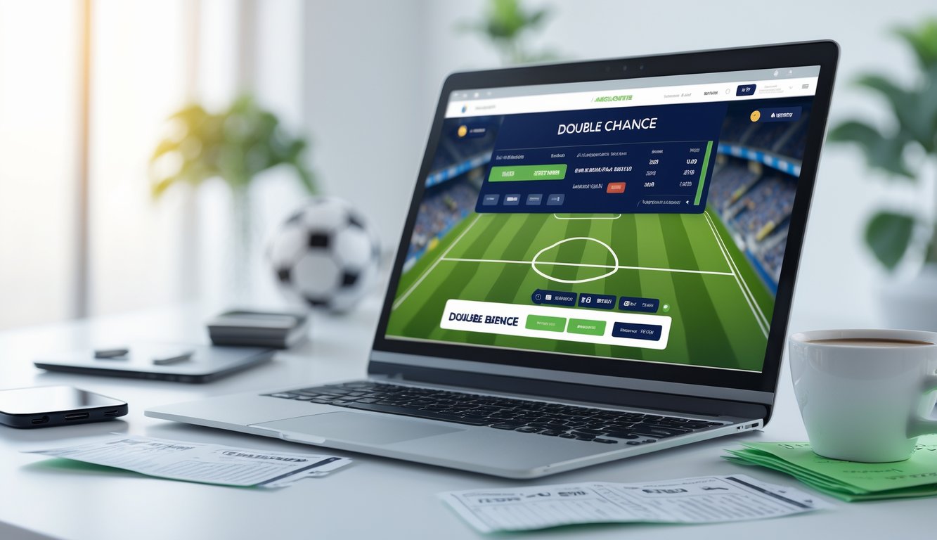 Seorang pengguna sedang melihat layar komputer yang menampilkan antarmuka taruhan bola online dengan opsi Double Chance, di meja terdapat smartphone dan secangkir kopi.