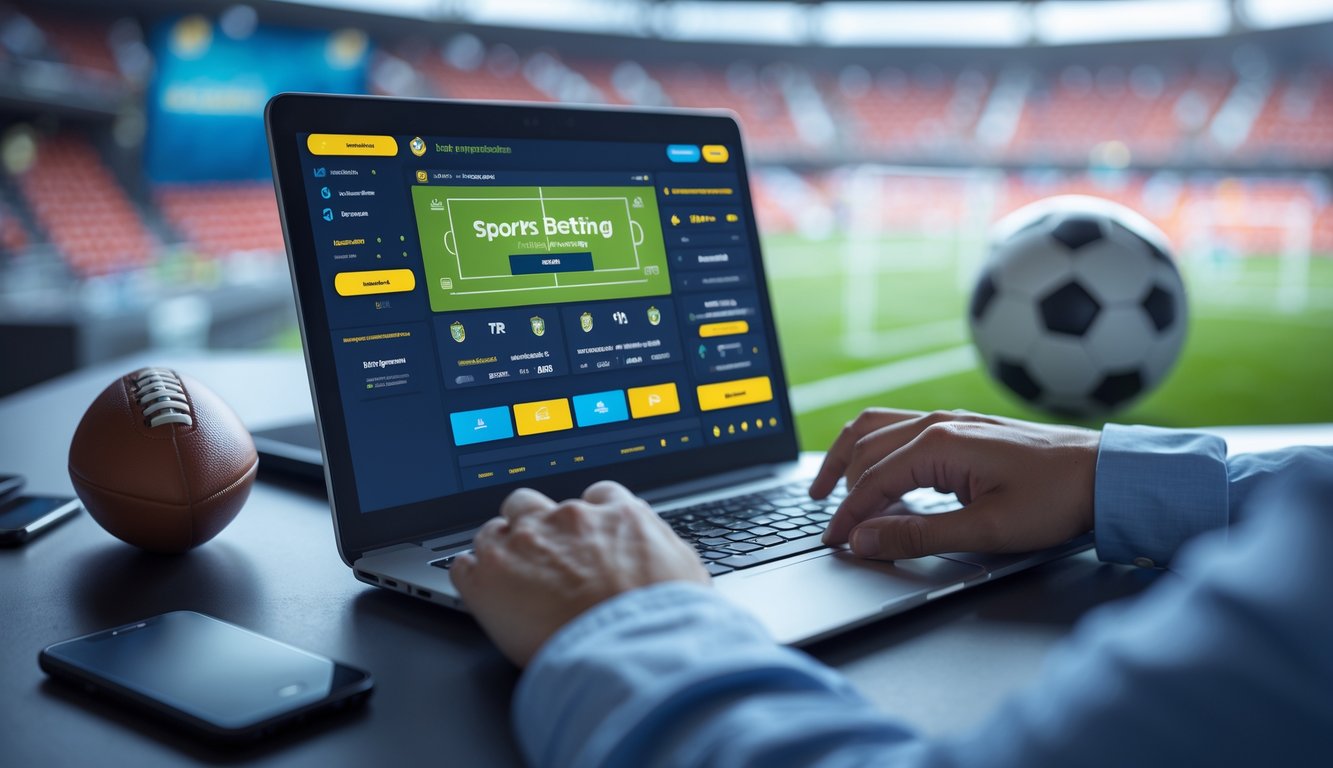 Seseorang menggunakan laptop dengan tampilan antarmuka taruhan olahraga online dan bola sepak di meja.