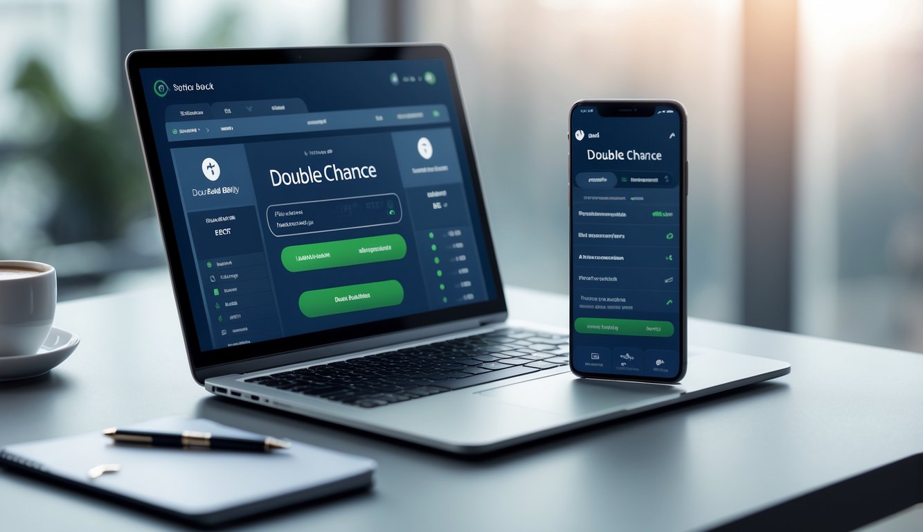 Seorang pengguna sedang melihat situs taruhan bola online di laptop dan ponsel di meja kerja yang rapi.