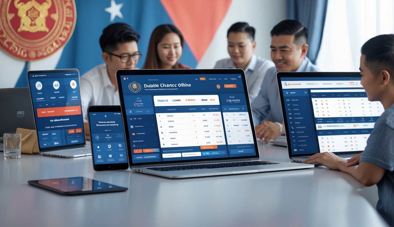 Orang-orang menggunakan perangkat digital di ruang kerja modern dengan elemen budaya Indonesia, menunjukkan aktivitas taruhan online yang terpercaya.