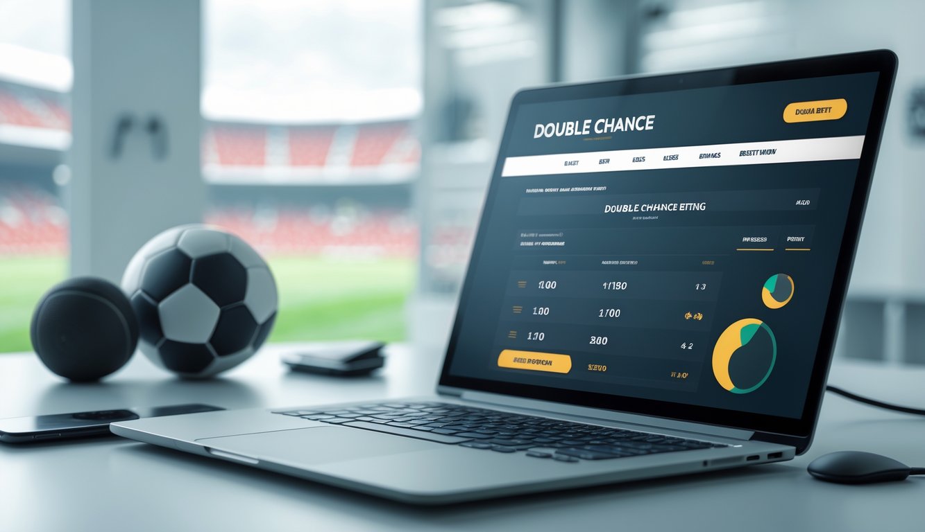 Seorang pengguna di depan komputer yang menampilkan situs taruhan bola online dengan bola sepak dan grafik peluang di latar belakang.