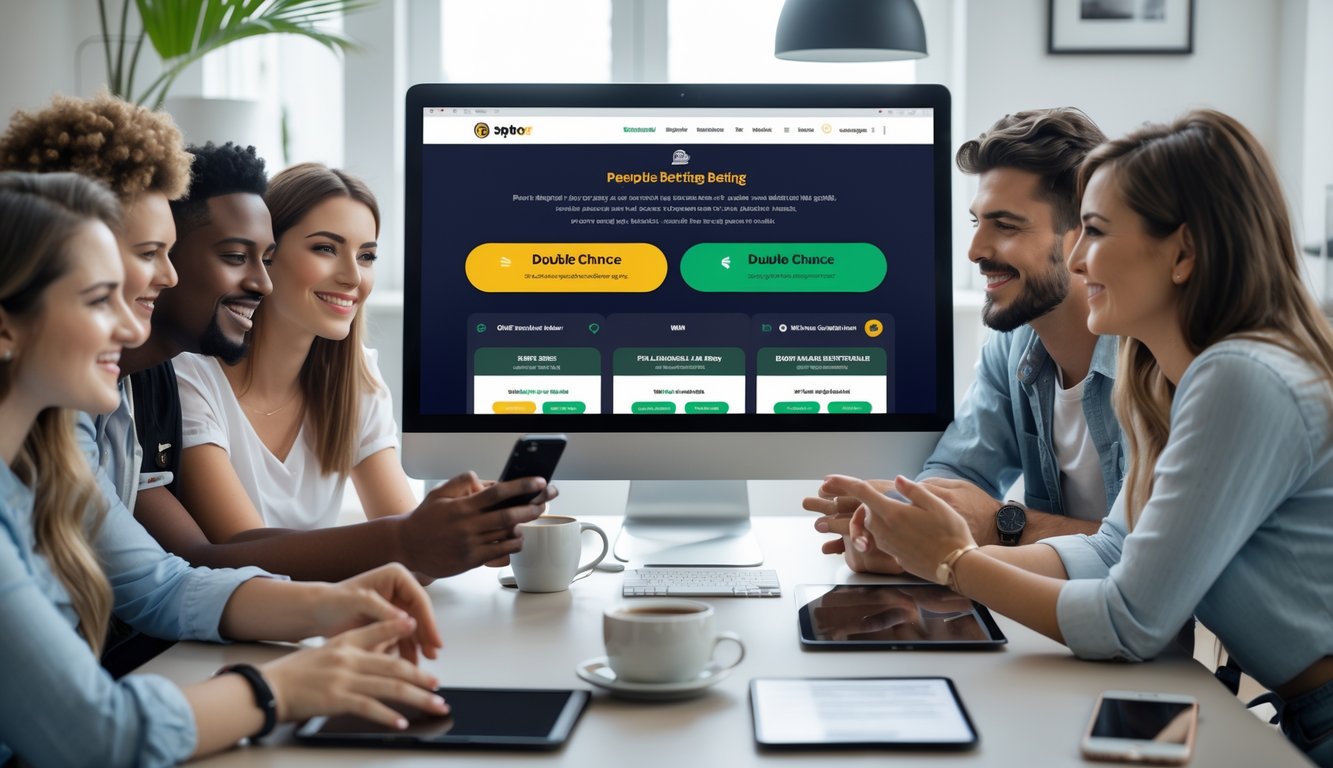 Sekelompok orang muda sedang menggunakan komputer dan perangkat digital untuk taruhan olahraga online di ruang kerja modern.