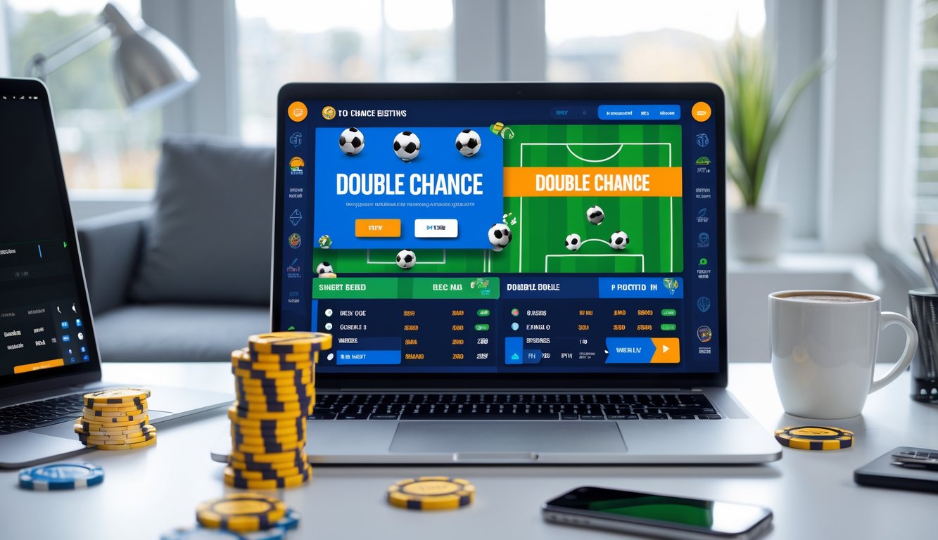 Seorang pengguna di depan laptop dengan tampilan situs taruhan bola online yang menampilkan pilihan taruhan double chance, dikelilingi oleh smartphone dan cangkir kopi di meja kerja.