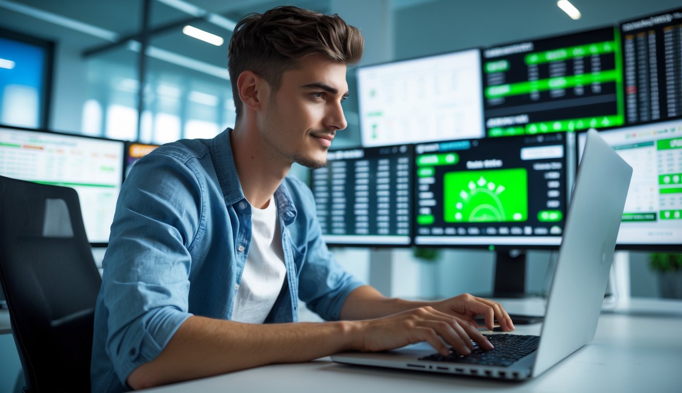 Seorang pria muda duduk di meja dengan laptop dan layar komputer menampilkan statistik taruhan olahraga.