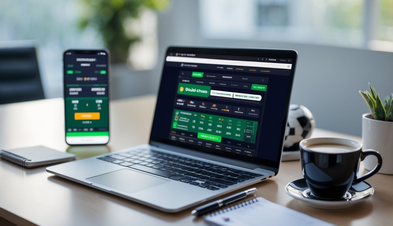 Seorang pria menggunakan laptop di meja kerja dengan tampilan situs taruhan olahraga online dan ponsel di sampingnya.