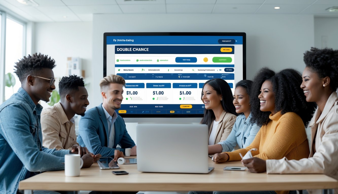 Sekelompok orang muda yang percaya diri berkumpul di sekitar layar digital dengan antarmuka taruhan olahraga online di ruang kerja modern.