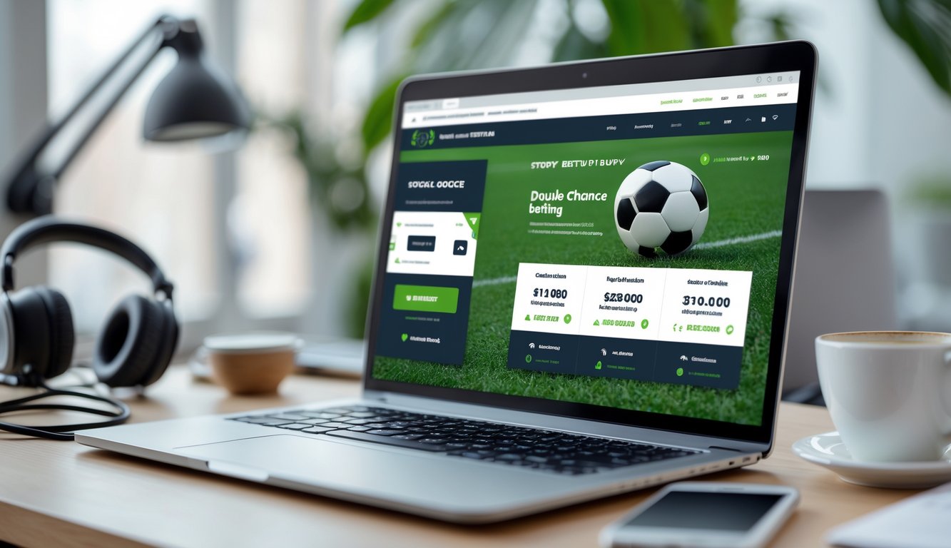 Seorang pengguna sedang melihat situs taruhan bola online di layar komputer dengan suasana ruang kerja yang rapi dan perlengkapan sepak bola di sekitar.