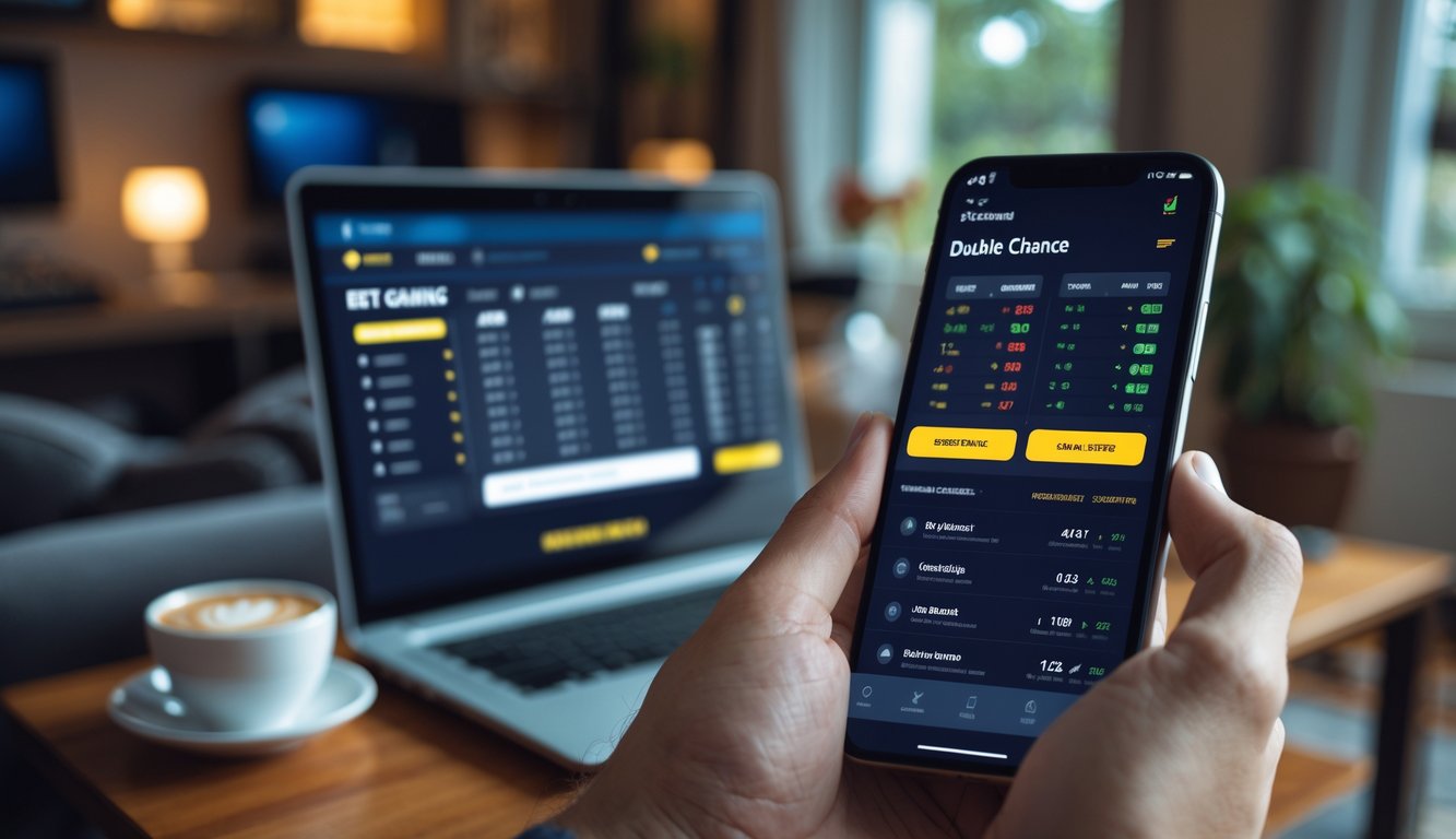 Seseorang memegang ponsel yang menampilkan aplikasi taruhan olahraga dengan berbagai pilihan taruhan di dalam ruangan yang nyaman.