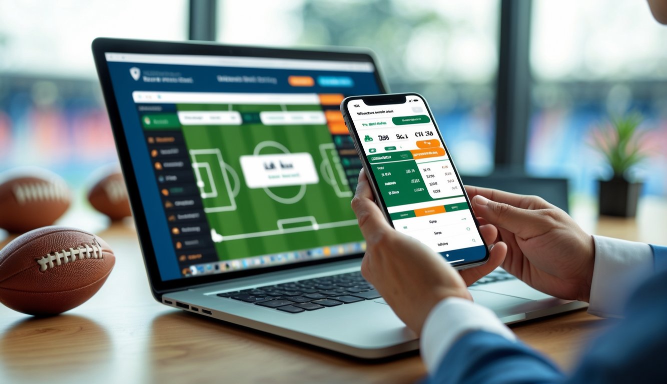 Seseorang menggunakan ponsel dan laptop untuk memasang taruhan bola online dengan latar belakang elemen sepak bola dan suasana kerja modern.