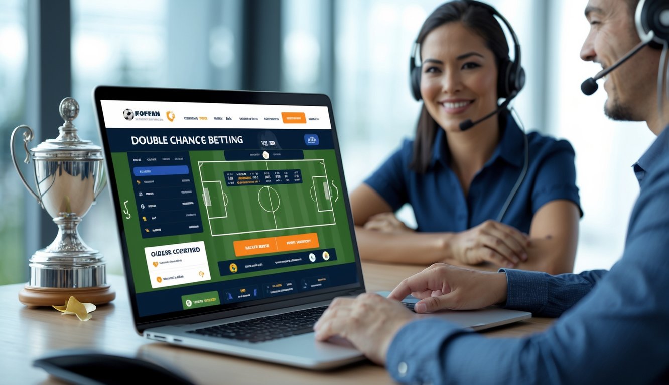 Seorang perwakilan layanan pelanggan dengan headset sedang membantu pengguna di depan laptop yang menampilkan situs taruhan sepak bola online.