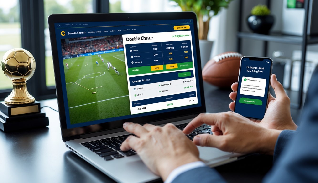 Seorang pengguna berinteraksi dengan laptop yang menampilkan pertandingan sepak bola dan situs taruhan online, dengan ponsel di samping yang menunjukkan layanan pelanggan 24 jam.