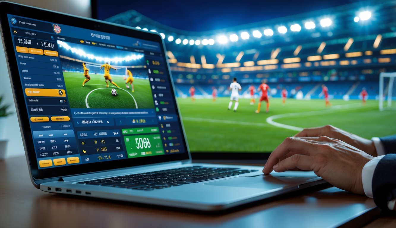 Seseorang menggunakan laptop di meja kerja dengan layar menampilkan antarmuka taruhan olahraga dan pertandingan sepak bola sedang berlangsung di layar besar di latar belakang.