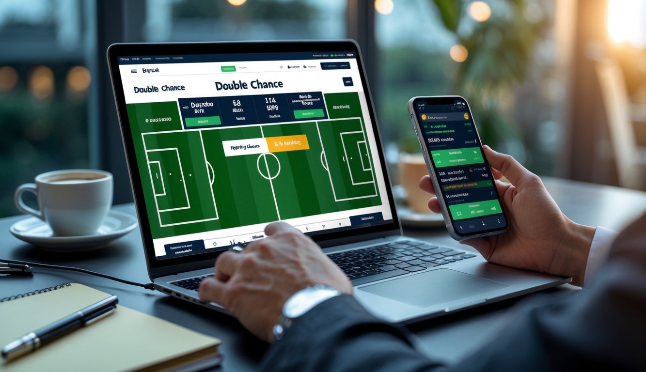 Seorang pria menggunakan laptop dan ponsel untuk memasang taruhan bola online dengan fokus pada opsi taruhan 'Double Chance'.