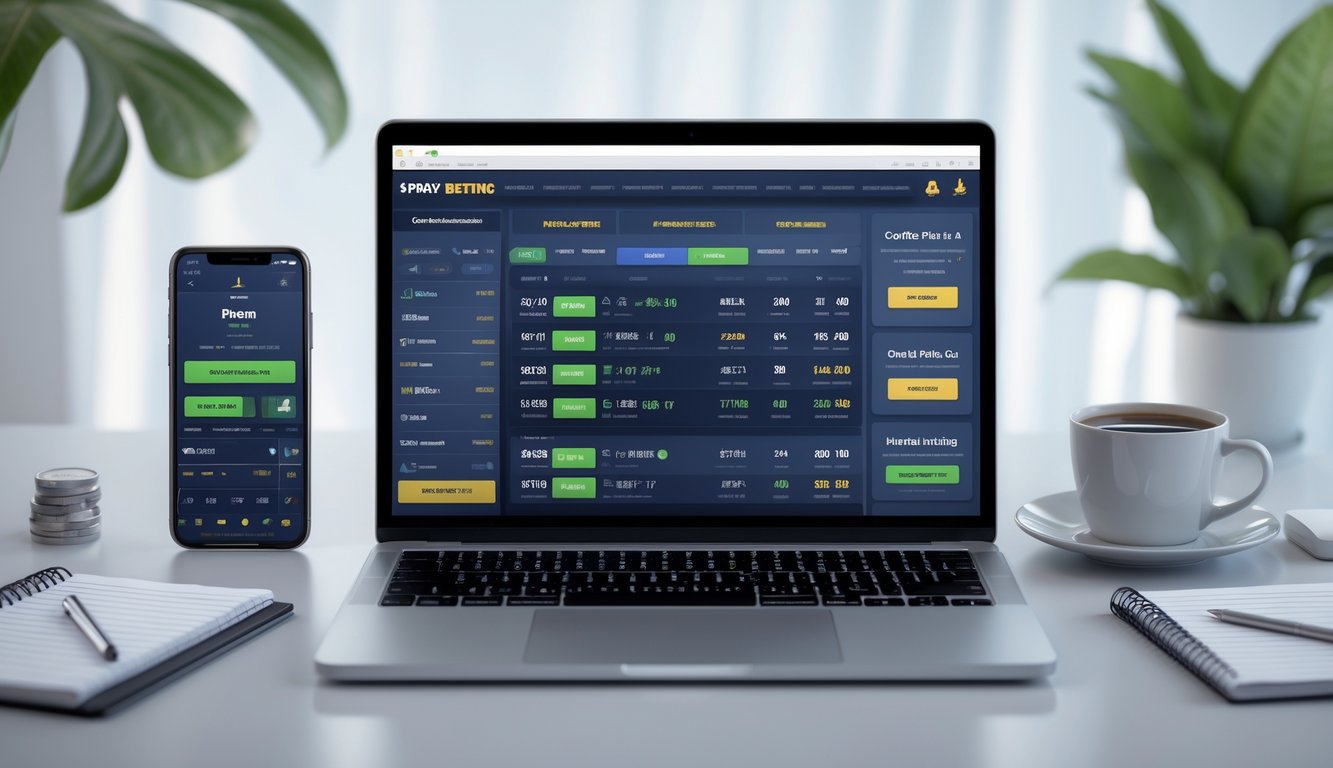 Seorang pria menggunakan laptop dengan tampilan situs taruhan olahraga online di meja kerja yang rapi.