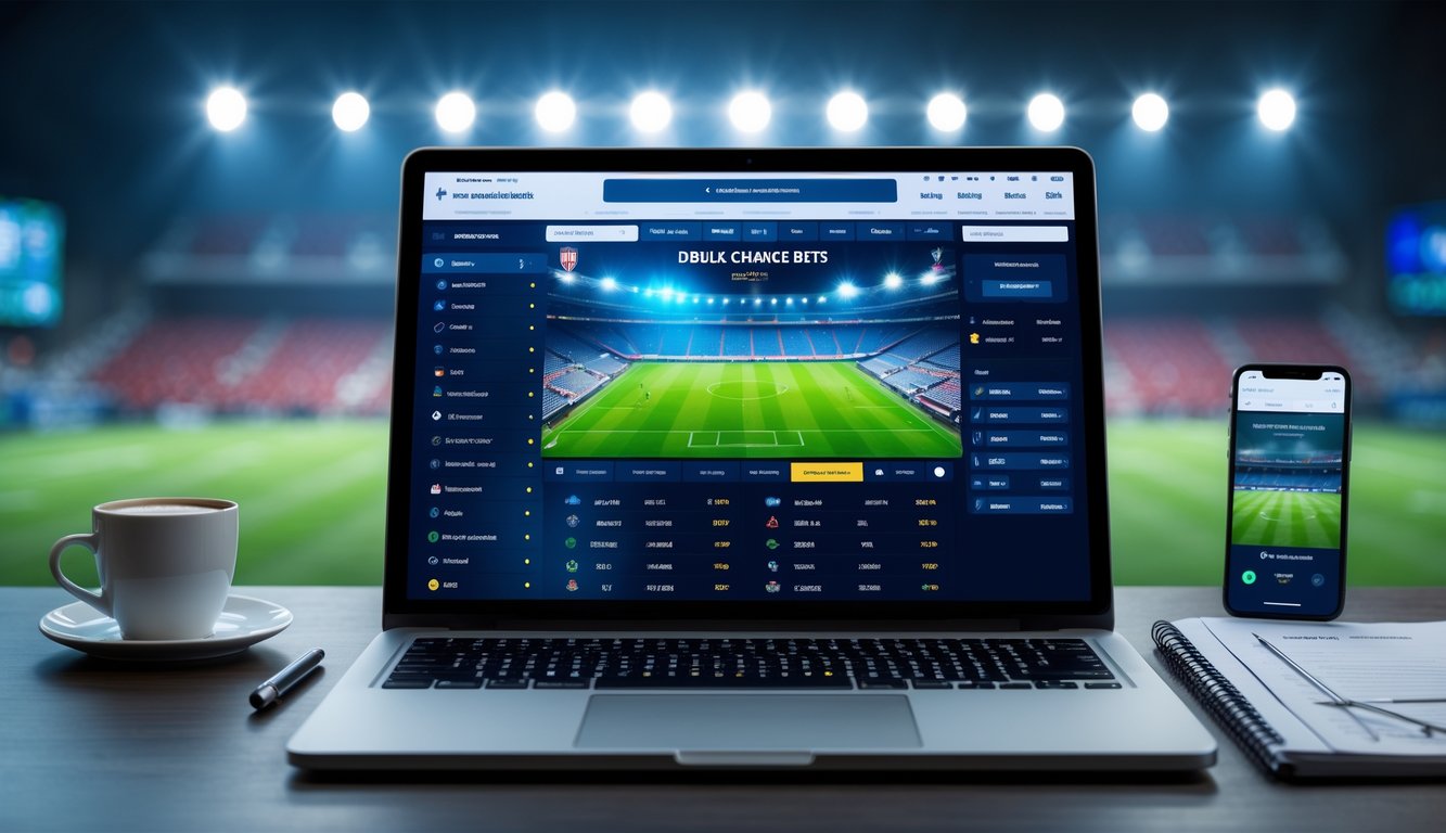 Seorang pria menggunakan laptop di meja kerja dengan tampilan antarmuka taruhan bola online dan latar belakang stadion sepak bola yang menyala.