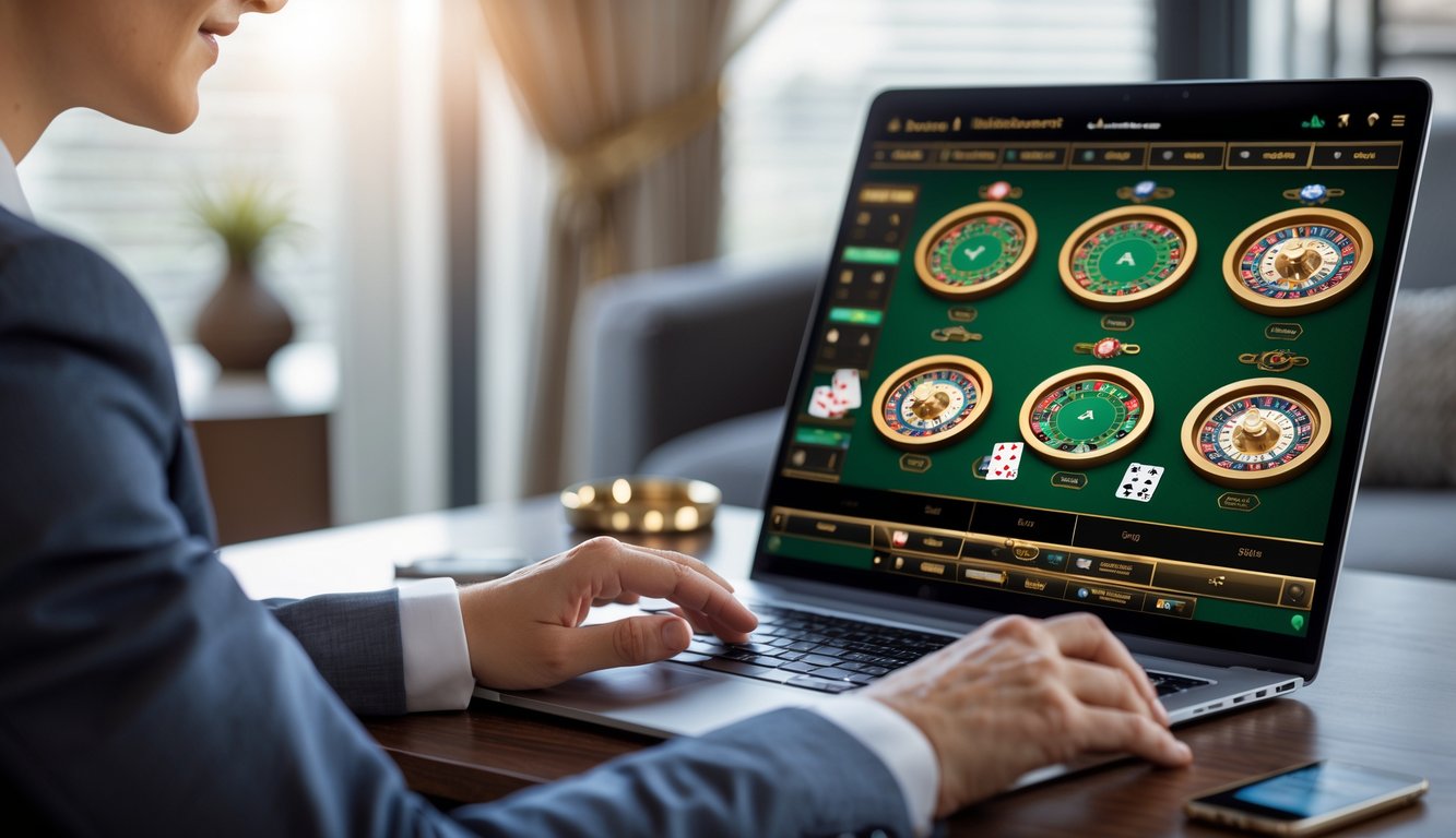 Seseorang sedang menggunakan laptop dengan tampilan beberapa meja permainan baccarat online di layar.