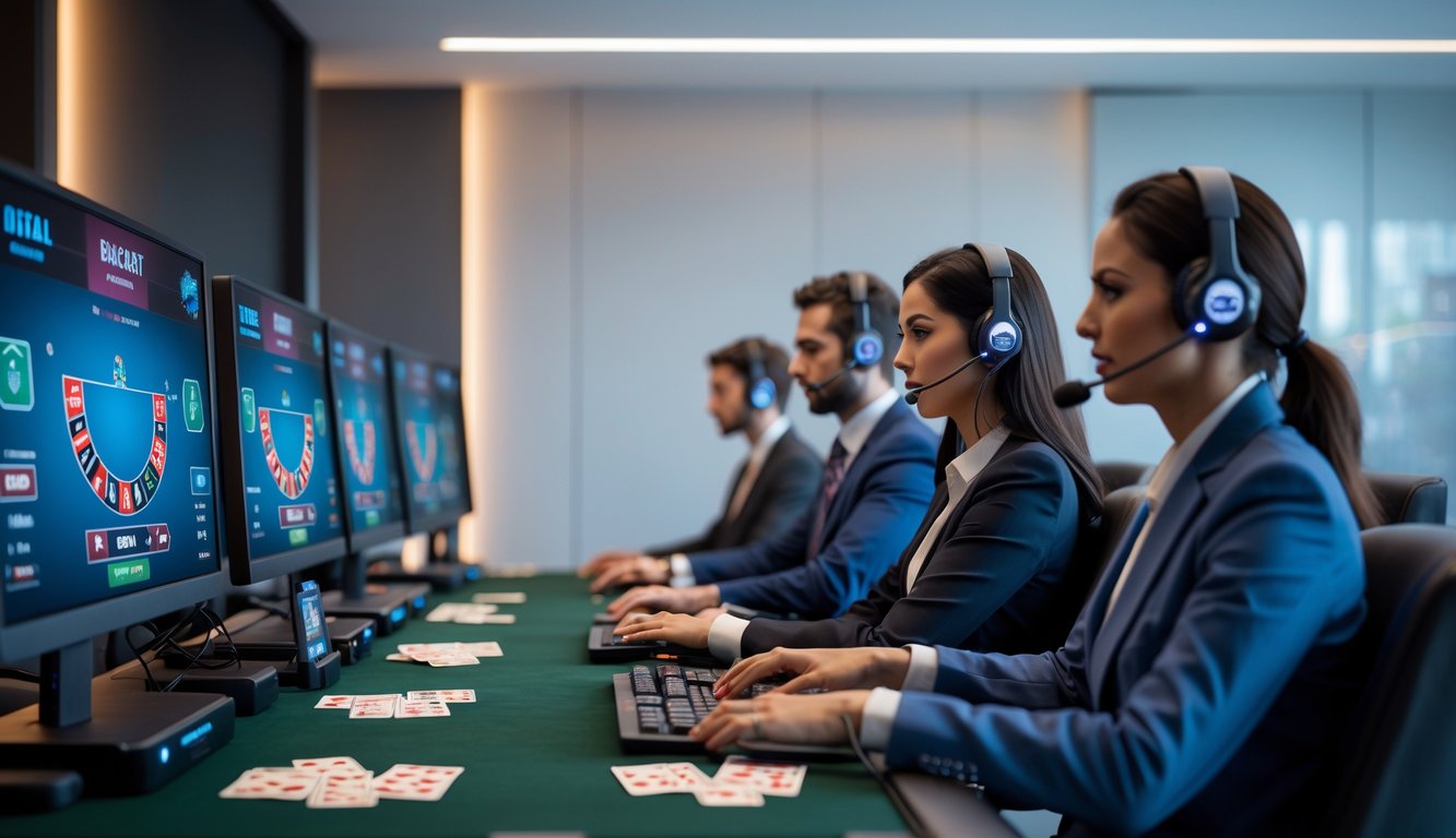 Beberapa orang sedang bermain baccarat online di depan beberapa layar komputer dalam suasana kantor yang terang dan profesional.