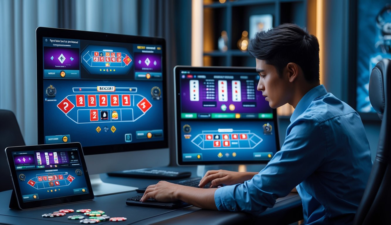 Seorang dewasa muda duduk di depan komputer dan tablet dengan beberapa meja baccarat digital di layar, di ruang kerja rumah yang terang dan rapi.