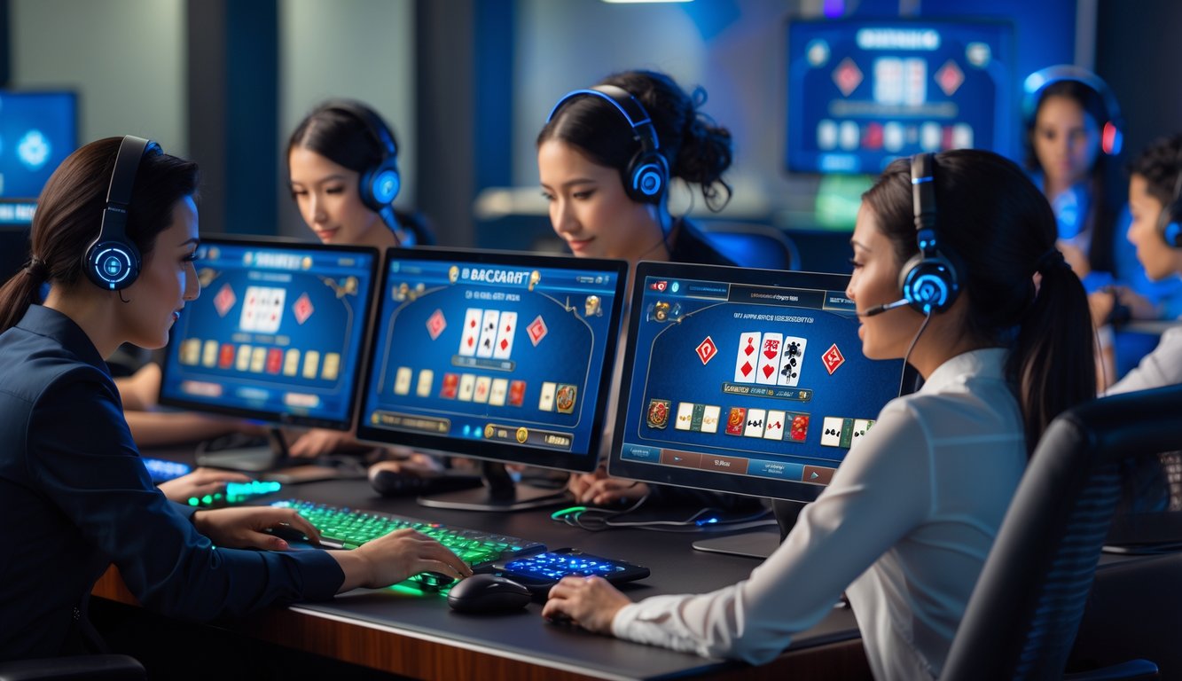 Beberapa orang sedang bermain baccarat online di depan beberapa layar komputer dalam ruangan yang terang dan modern.