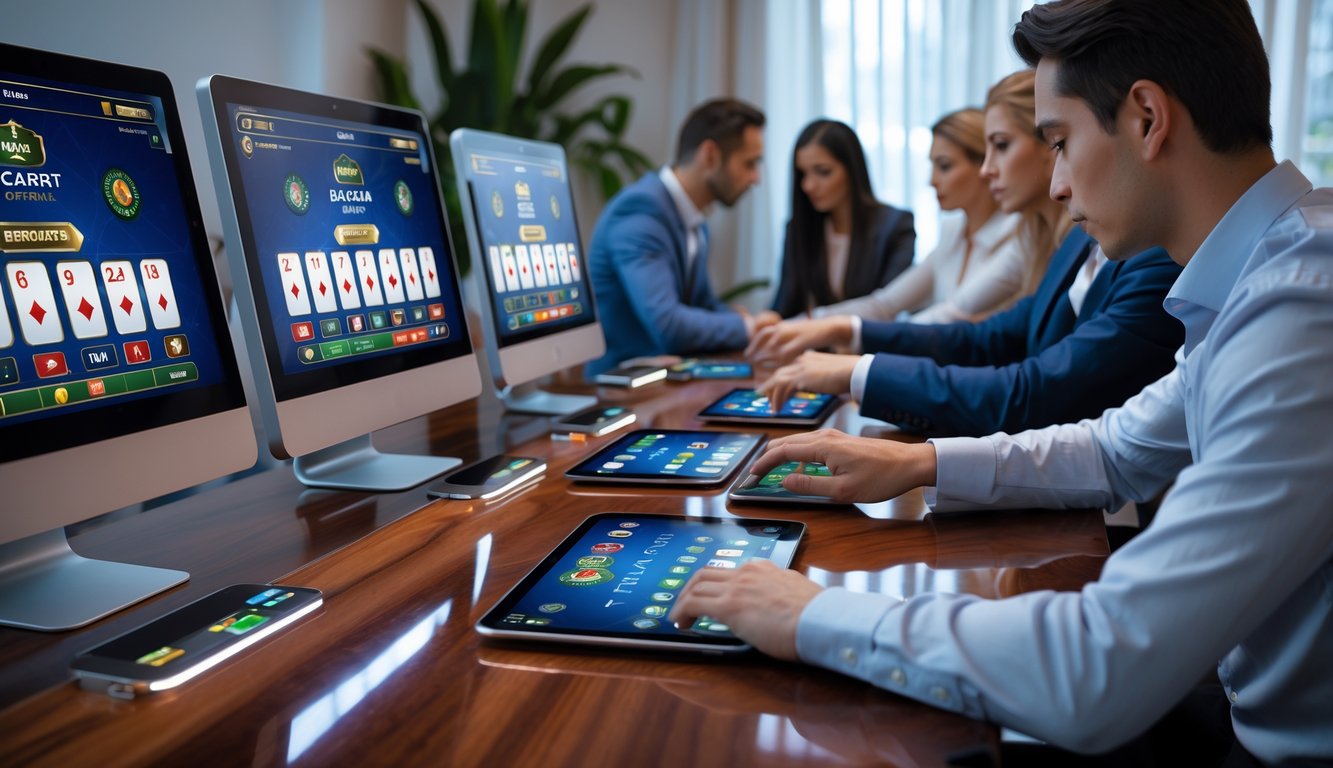 Beberapa orang sedang bermain baccarat online di beberapa layar komputer dan tablet di sebuah ruangan kantor rumah yang rapi.