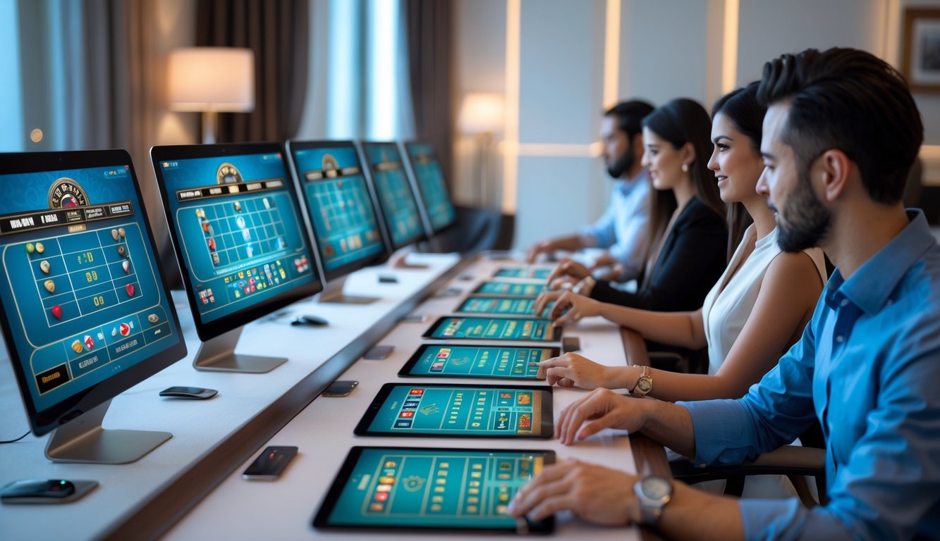 Beberapa orang bermain baccarat online di depan komputer dan tablet di sebuah ruangan modern.