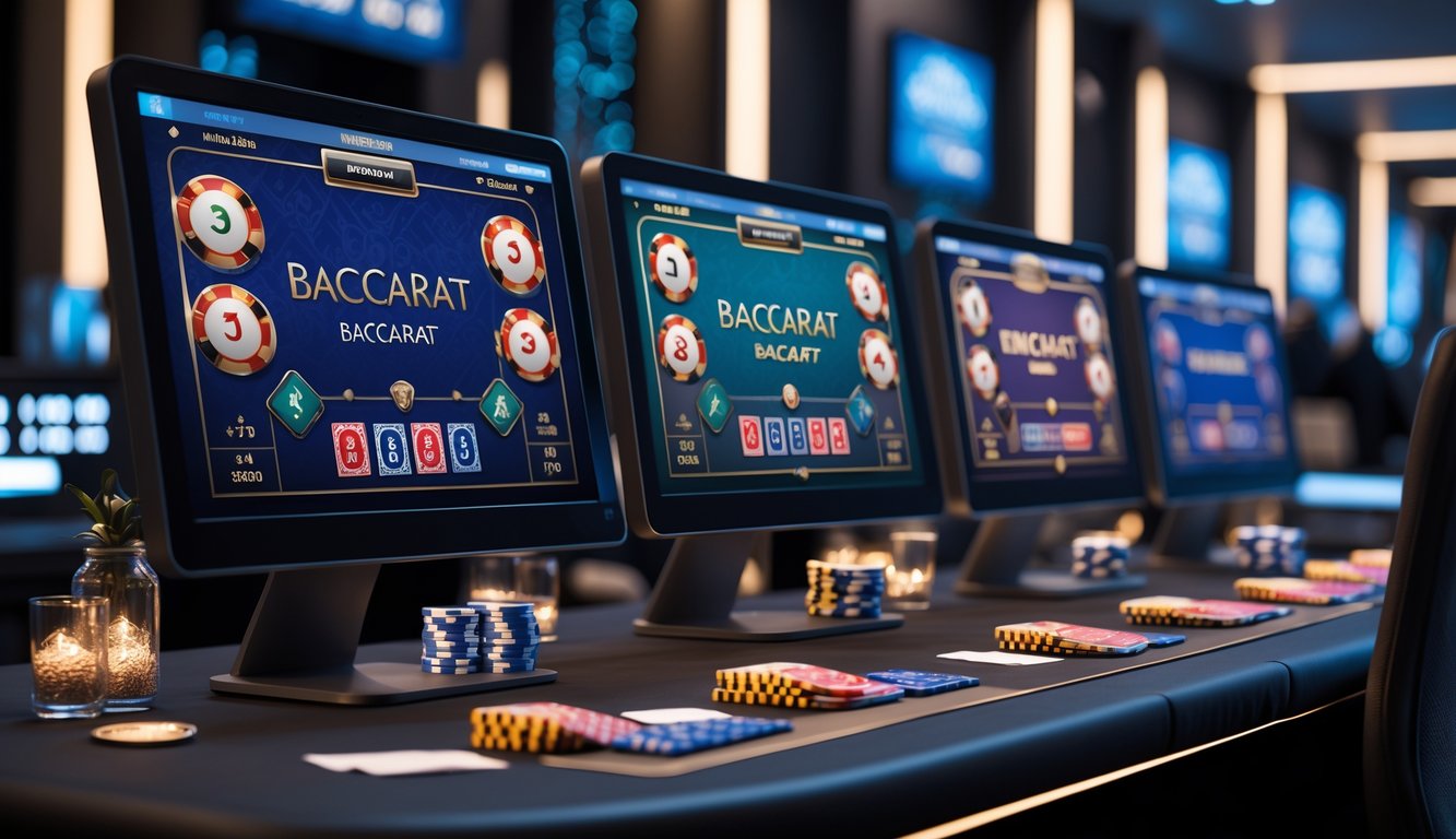Meja kerja dengan beberapa monitor menampilkan permainan baccarat online dengan suasana modern dan profesional.