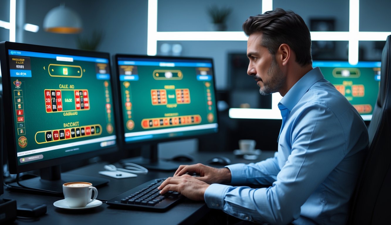 Seorang pemain dewasa sedang bermain baccarat online dengan beberapa monitor komputer di ruang kerja yang rapi dan terang.